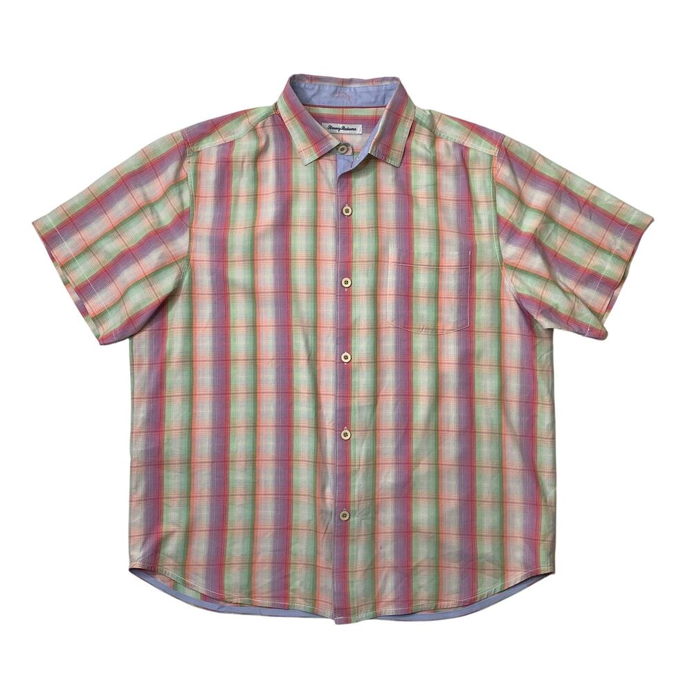 Tommy Bahama Shirt Mens L Large Pasterl Plaid Silk Camp Coastal Isles Hawaiian